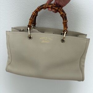 Authentic Gucci Cream Leather Tote Bag with Bamboo Handles